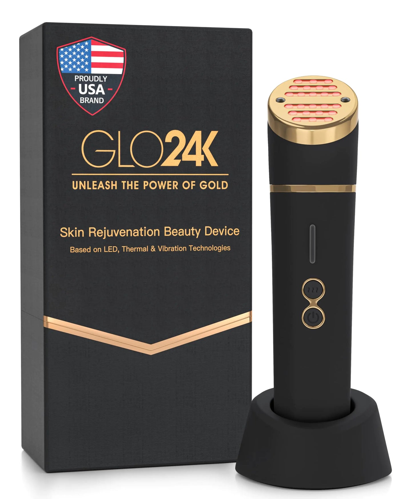 GLO24K Beauty Device for the Face. Based on Triple Action L E D Thermal and Vibration Technologies.